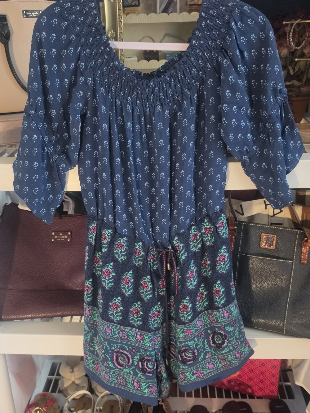 Anthropologie ett:twa Kaleo Navy & Teal Floral Border Off-Shoulder Romper